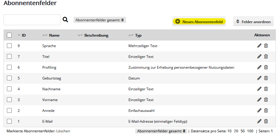 vorgegebene Abonnentenfelder in e-motion Mailer