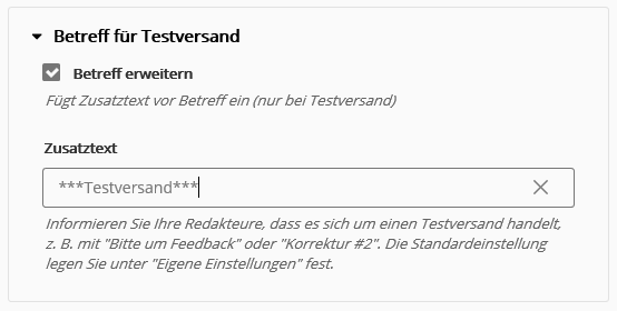 Testversand Voreinstellungen